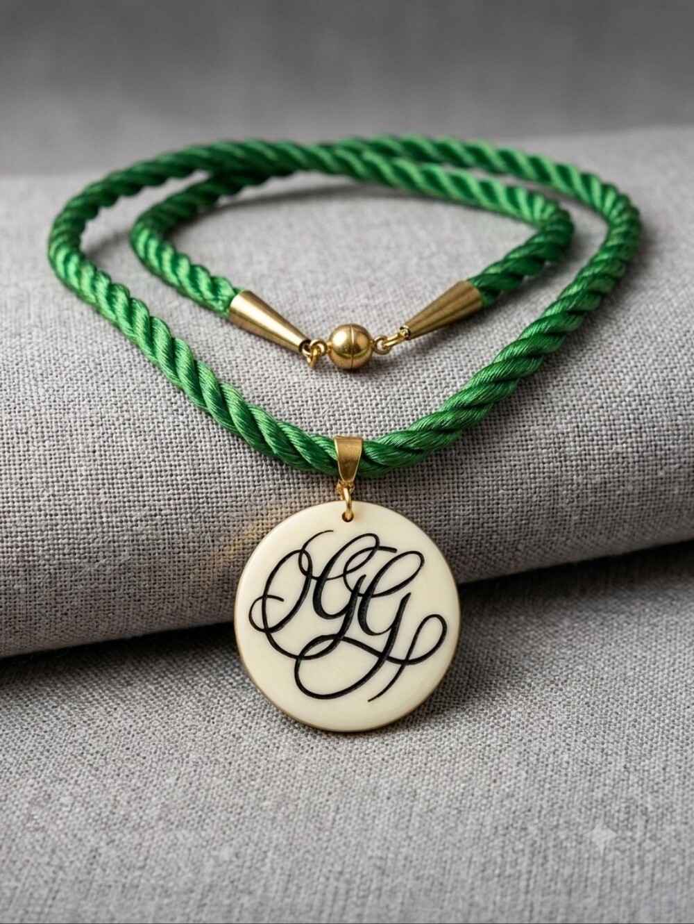🌙Monogram OGG Resin Disc Pendant Necklace Green Satin Cord Magnetic Clasp
